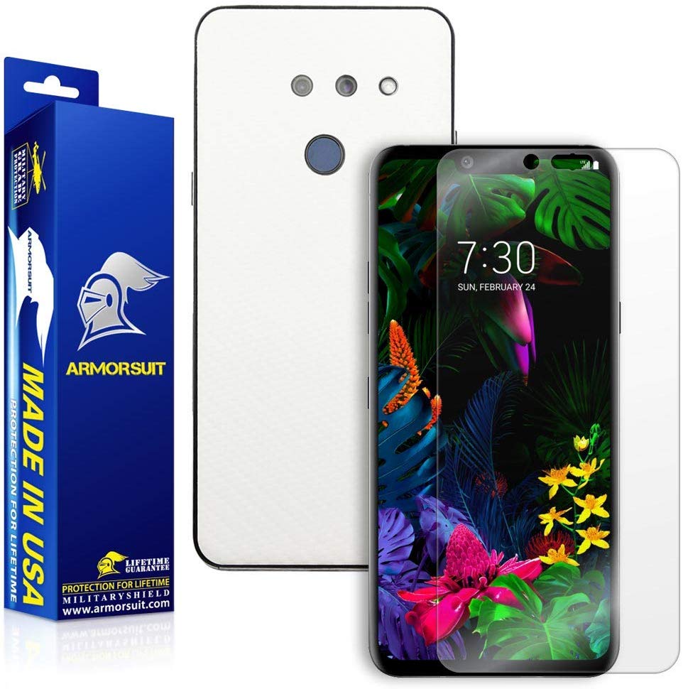 LG G8 ThinQScreen Protector + White Carbon Fiber Skin