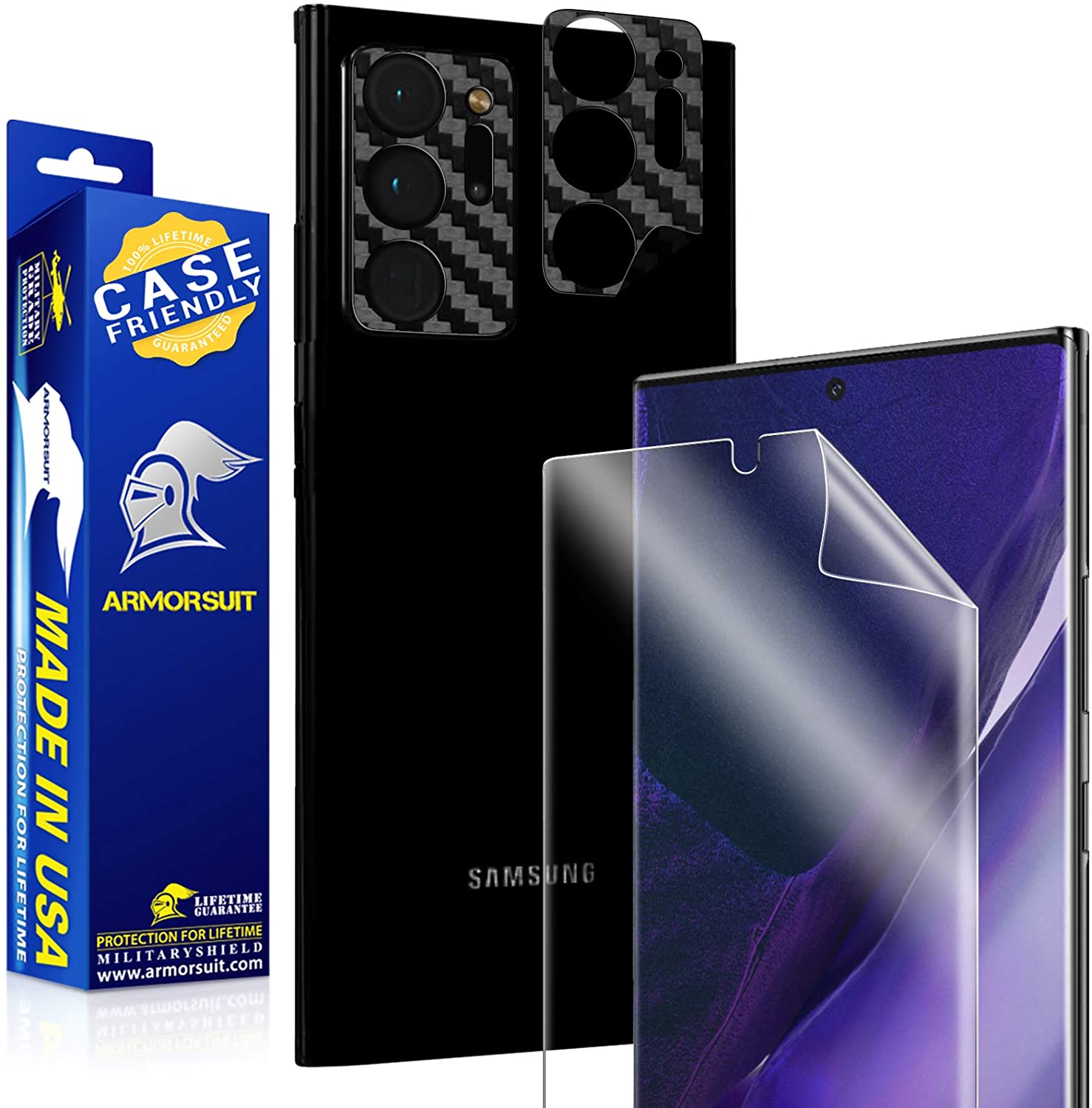 Samsung Galaxy N20 Ultra Case-Friendly Screen Protector (6.9) + 2-Pack Black-Carbon Camera Plate Lens Protector