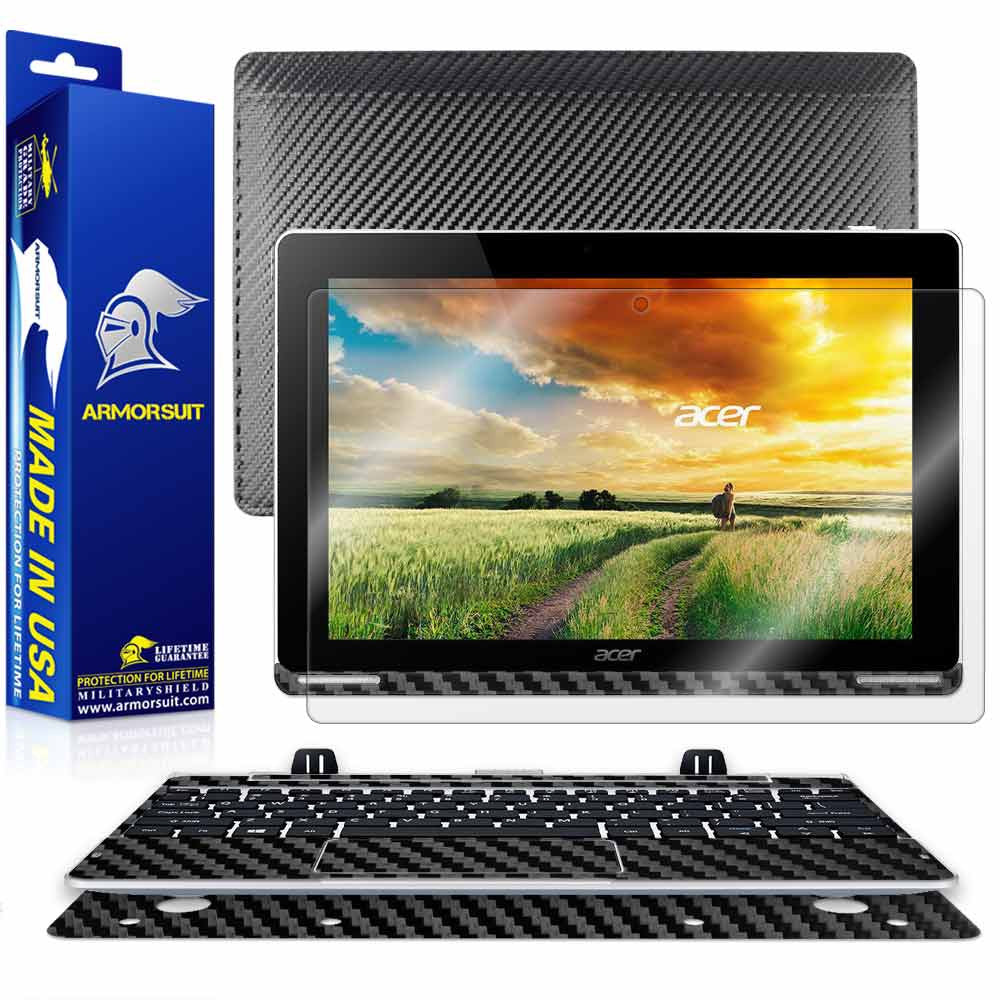 Acer Aspire Switch 10 (SW5-012) Screen Protector + Black Carbon Fiber Full Body Skin Protector (Tablet & Keyboard)