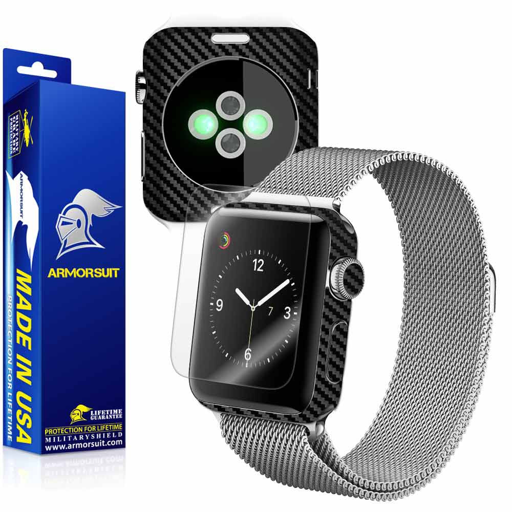 Apple Watch 38mm (Series 2) Screen Protector + Black Carbon Fiber Skin