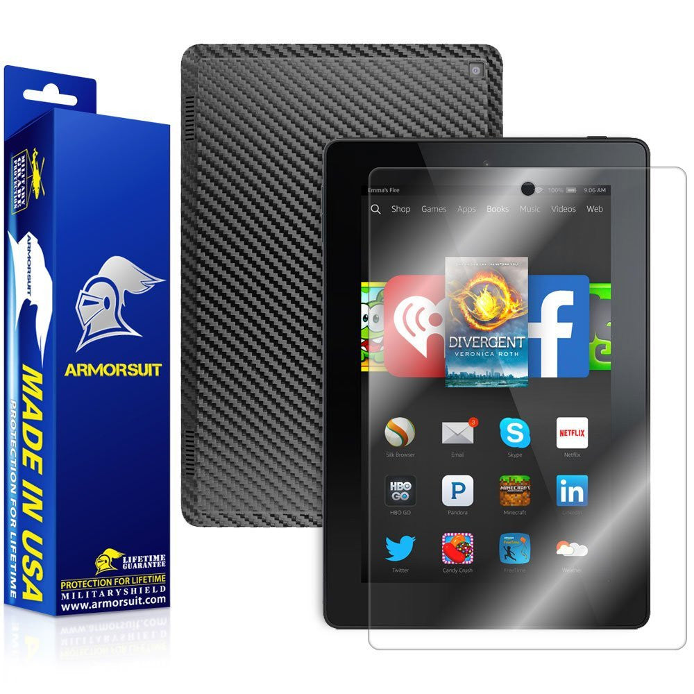 Amazon Fire HD 7 (2014 Version 4th Gen) Screen Protector + Black Carbon Fiber Skin