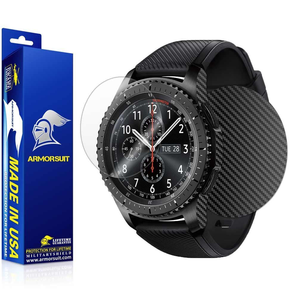 Samsung Gear S3 Frontier Screen Protector + Black Carbon Fiber Skin