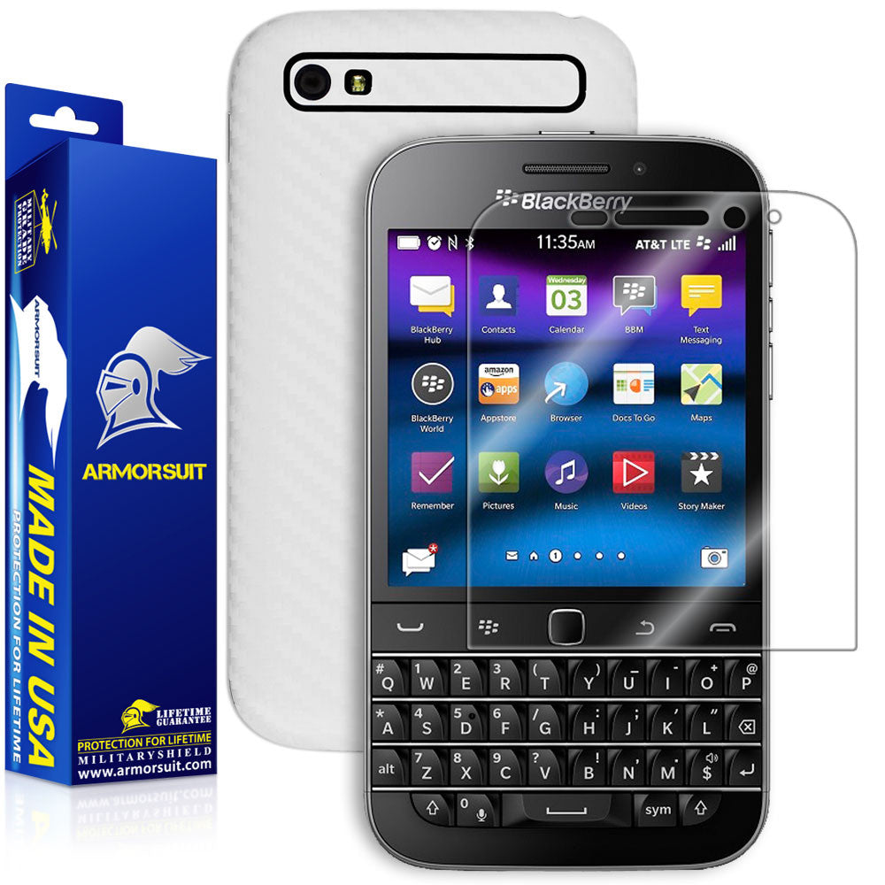 BlackBerry Classic (Q20) Screen Protector + White Carbon Fiber Skin
