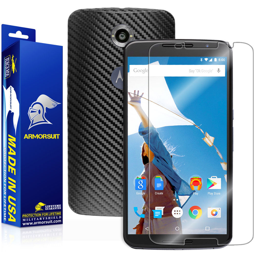Google Nexus 6 Screen Protector + Black Carbon Fiber Skin