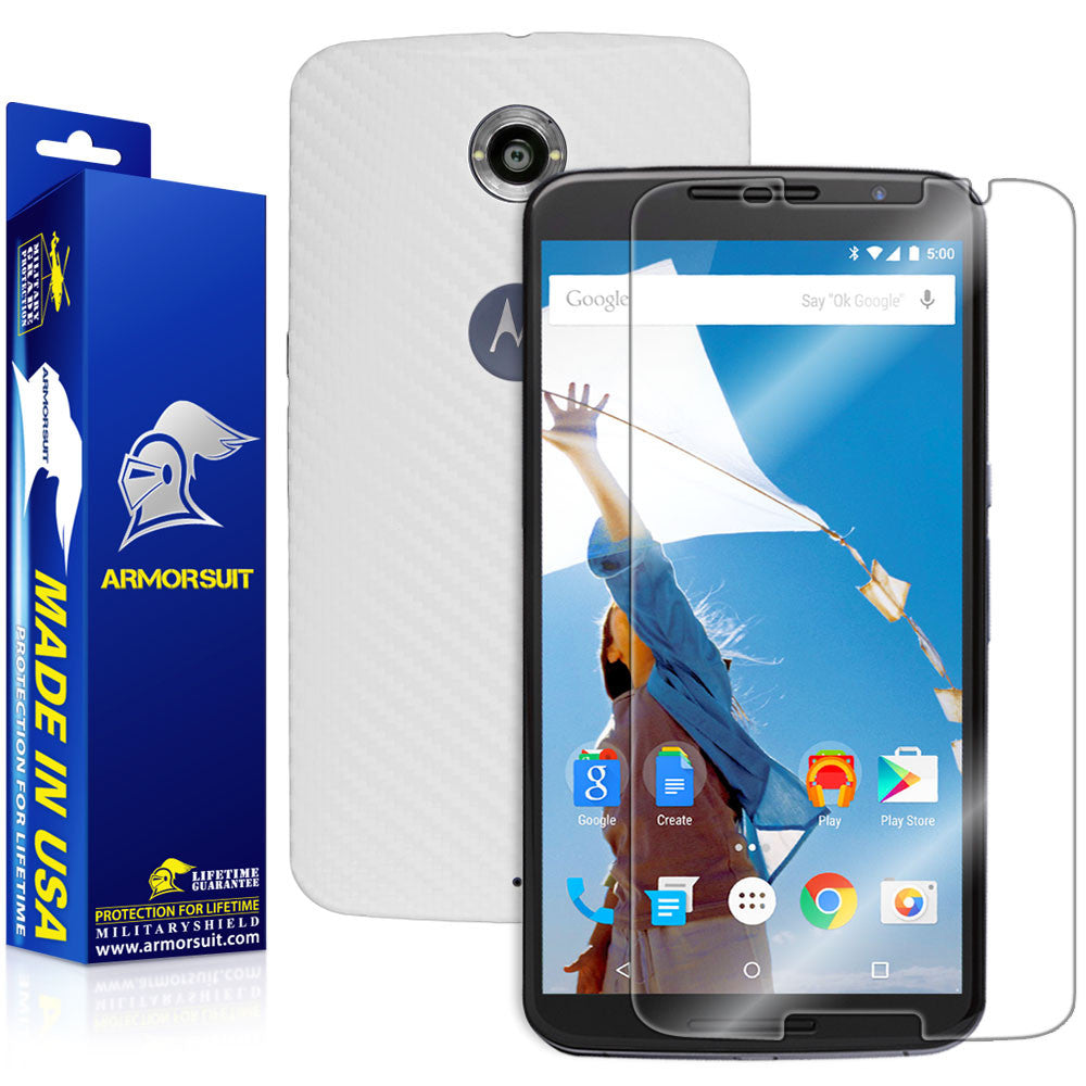 Google Nexus 6 Screen Protector + White Carbon Fiber Skin