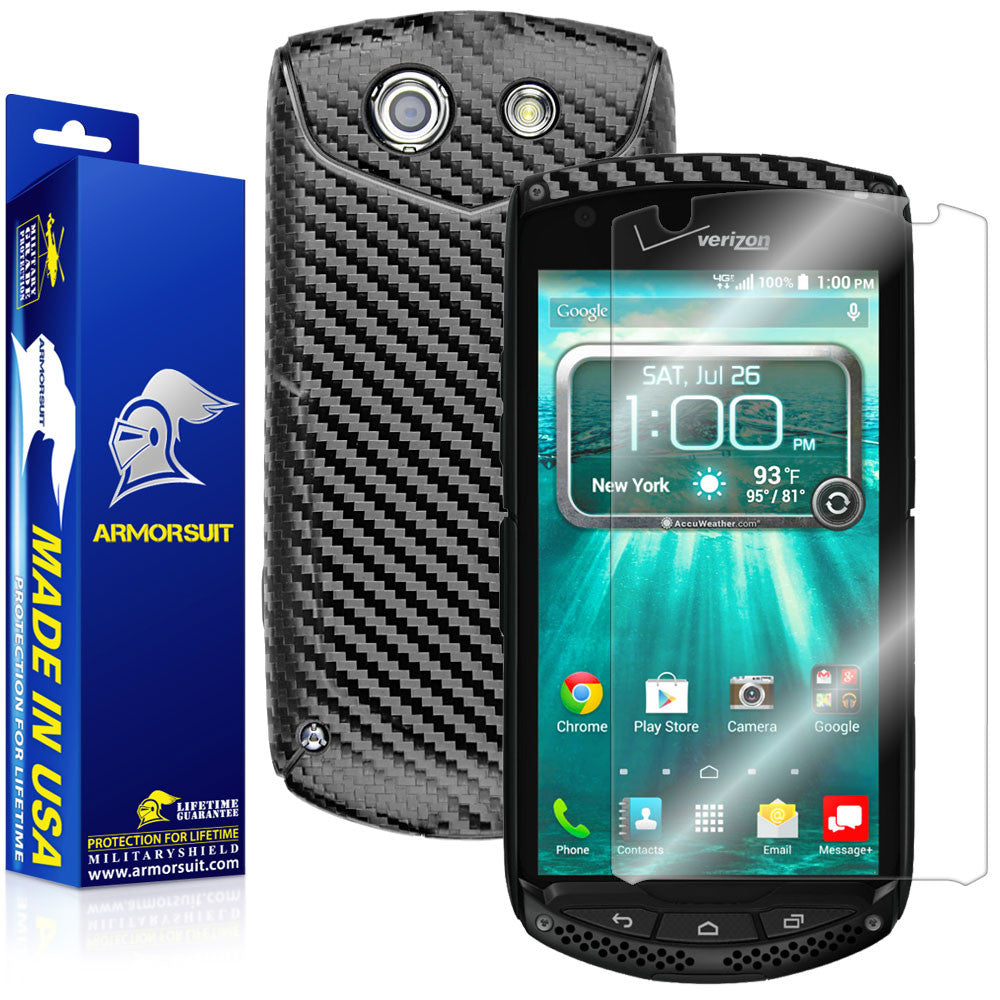 Kyocera Brigadier Screen Protector + Black Carbon Fiber Skin