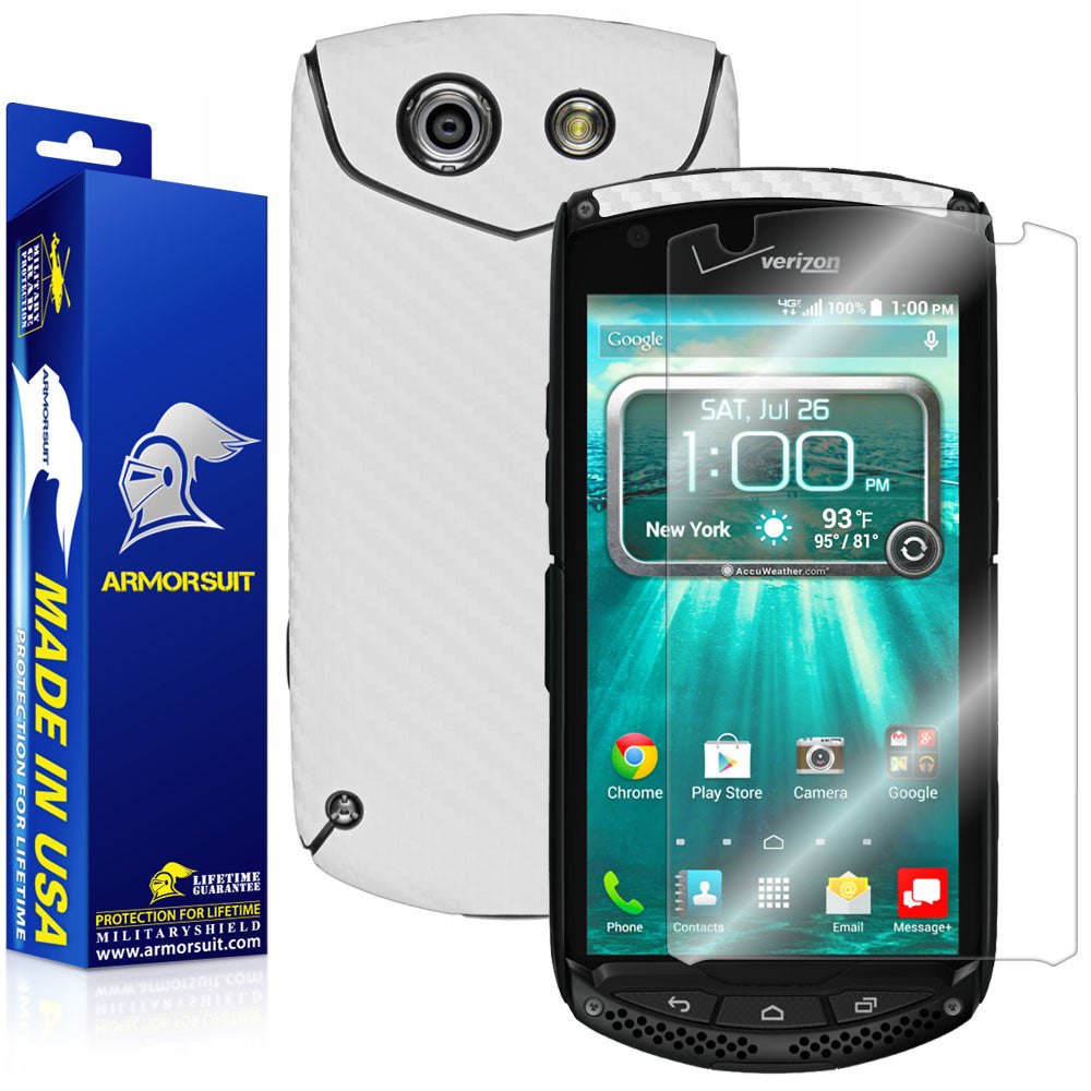 Kyocera Brigadier Screen Protector + White Carbon Fiber Skin