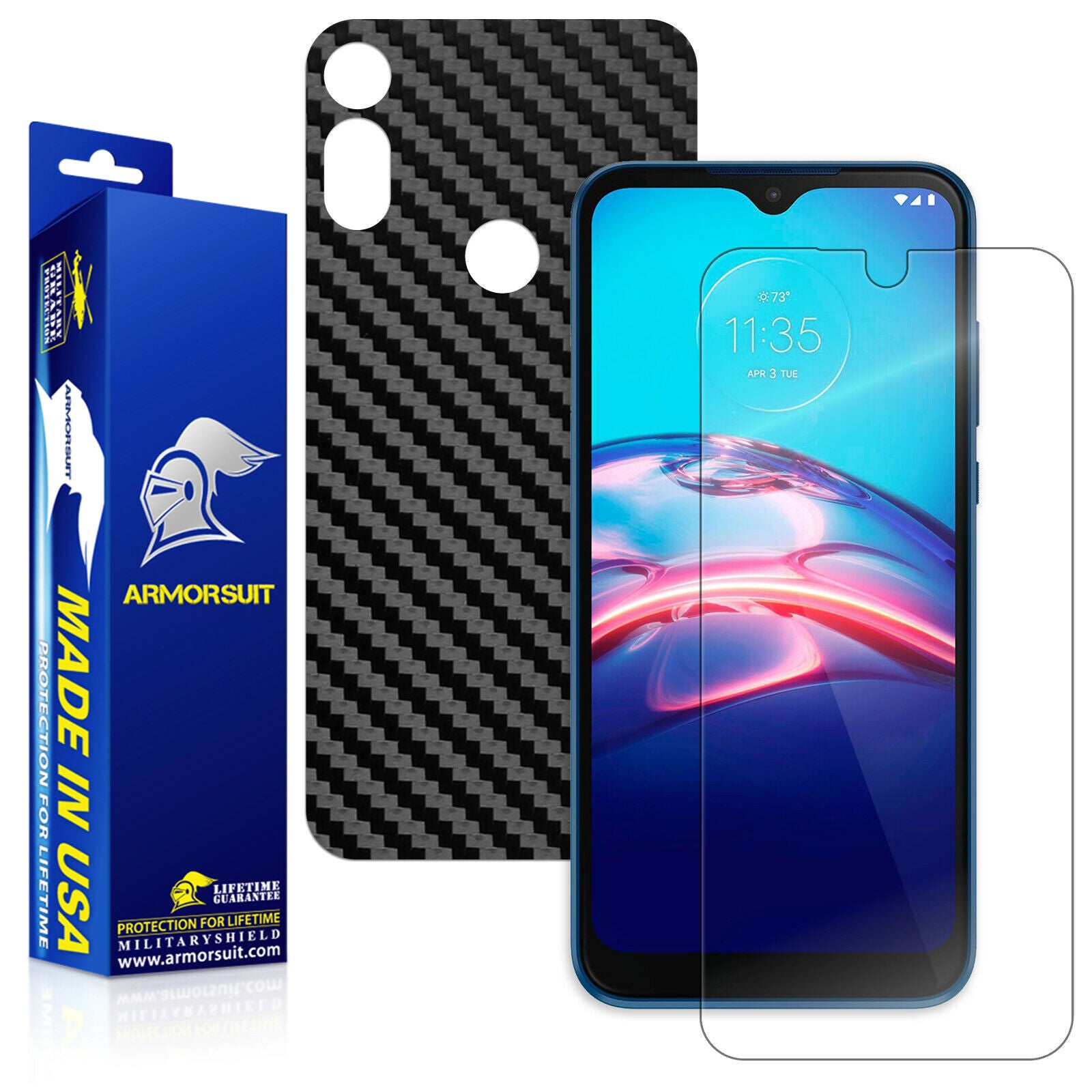 Motorola Moto E (2020) Screen Protector + Black Carbon Fiber Skin Protector