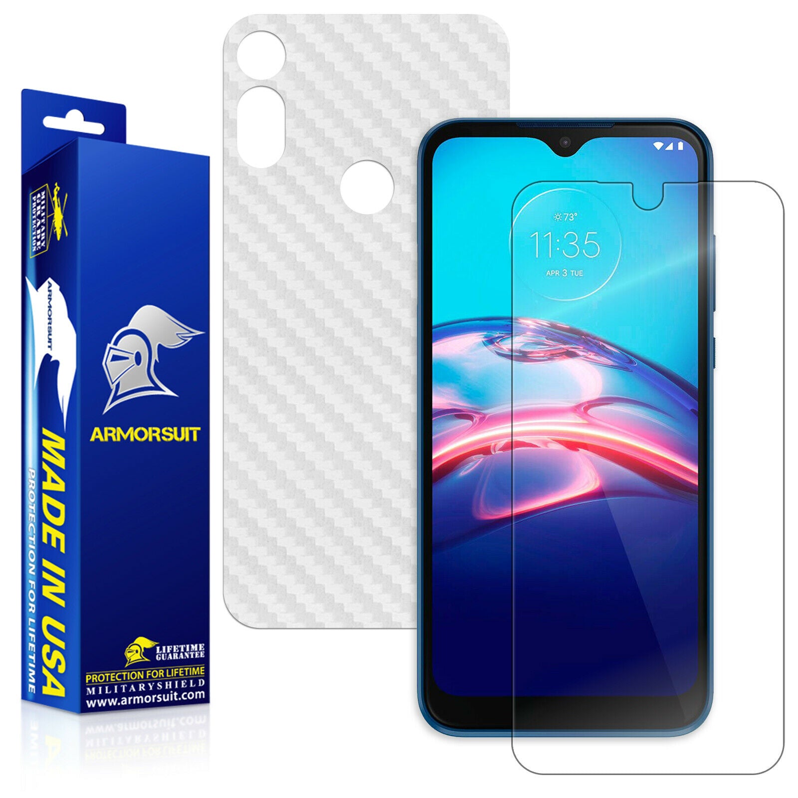 Motorola Moto E (2020) Screen Protector + White Carbon Fiber Skin Protector