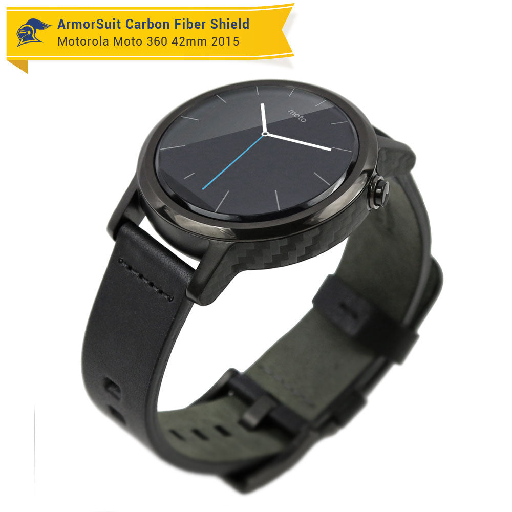 Motorola Moto 360 42mm (Men) 2nd Generation 2015 Screen Protector + Black Carbon Fiber Skin