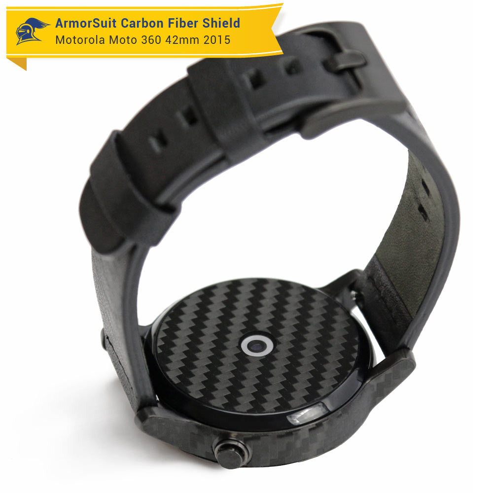 Motorola Moto 360 42mm (Women) 2nd Generation 2015 Screen Protector + Black Carbon Fiber Skin Protector