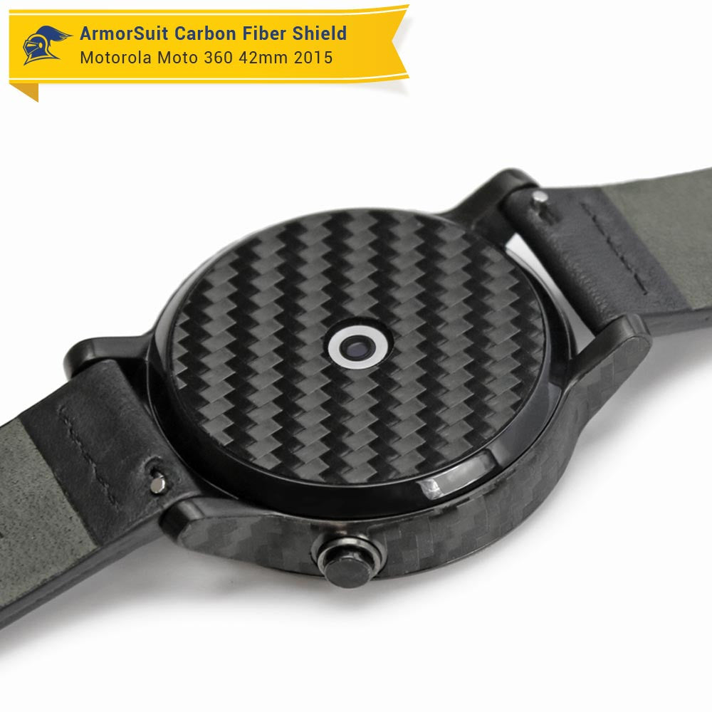 Motorola Moto 360 42mm (Women) 2nd Generation 2015 Screen Protector + Black Carbon Fiber Skin Protector