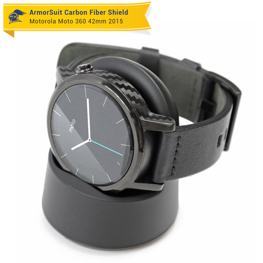 Motorola Moto 360 42mm (Women) 2nd Generation 2015 Screen Protector + Black Carbon Fiber Skin Protector