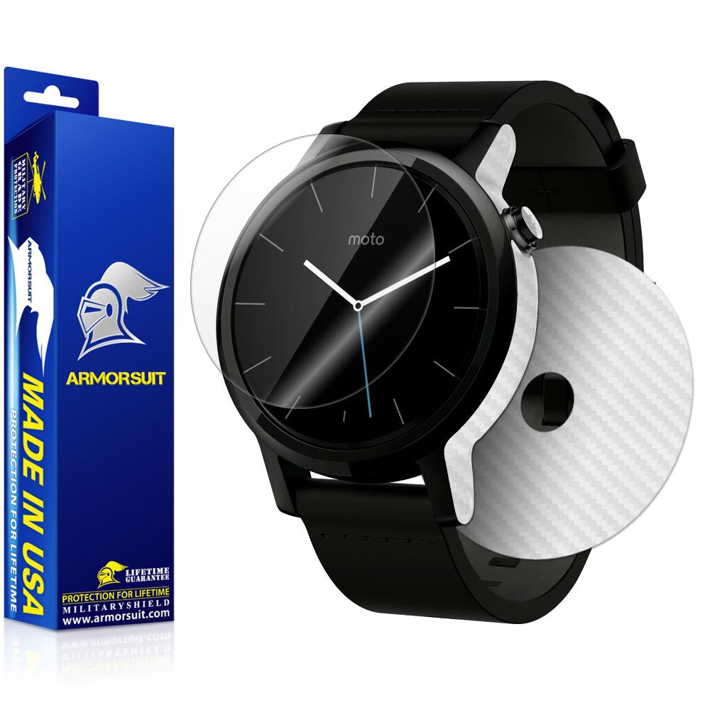 Motorola Moto 360 42mm (Men) 2nd Generation 2015 Screen Protector + White Carbon Fiber Skin