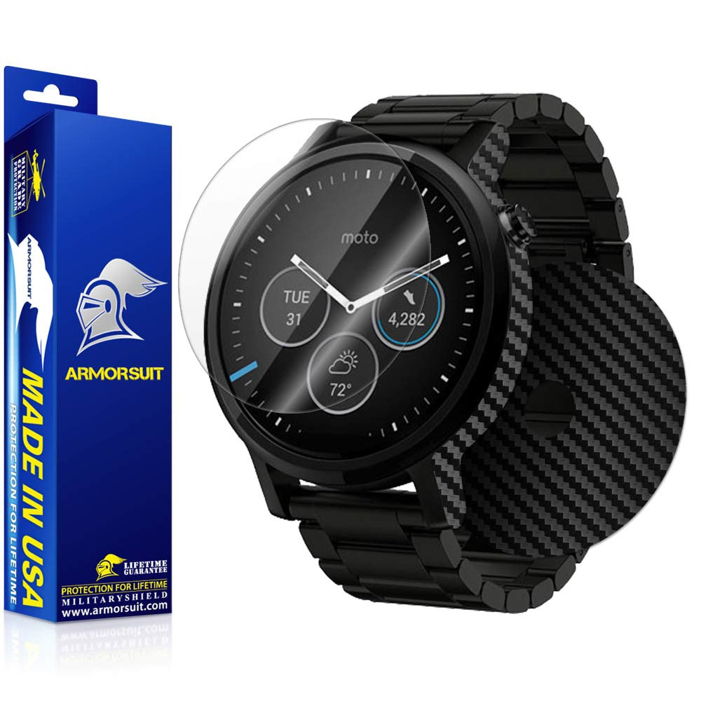 Motorola Moto 360 46mm 2nd Generation 2015 Screen Protector + Black Carbon Fiber Skin