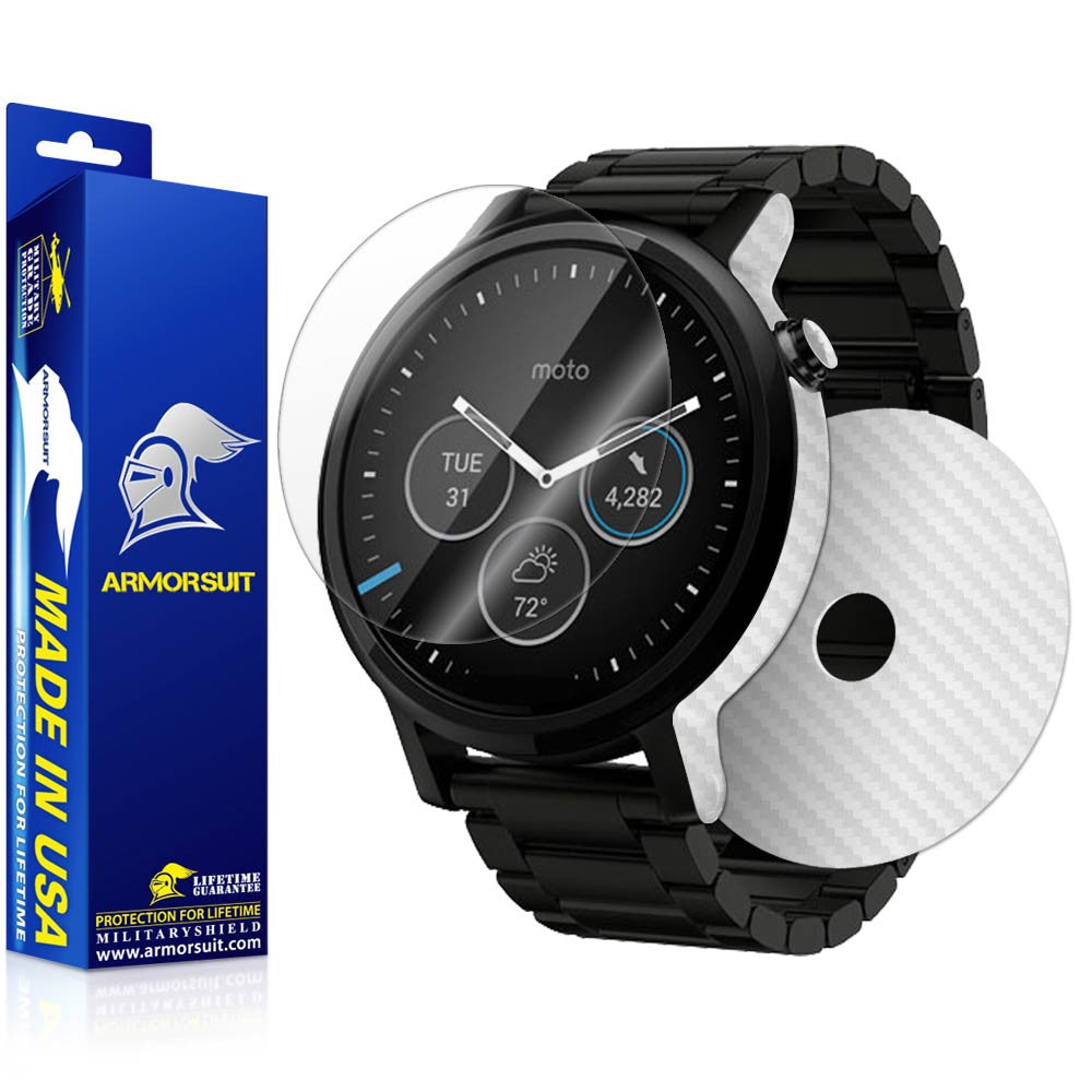 Motorola Moto 360 46mm 2nd Generation 2015 Screen Protector + White Carbon Fiber Skin