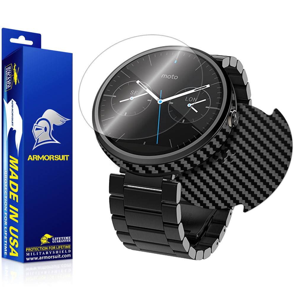 Motorola Moto 360 23mm Screen Protector + Black Carbon Fiber Film Protector