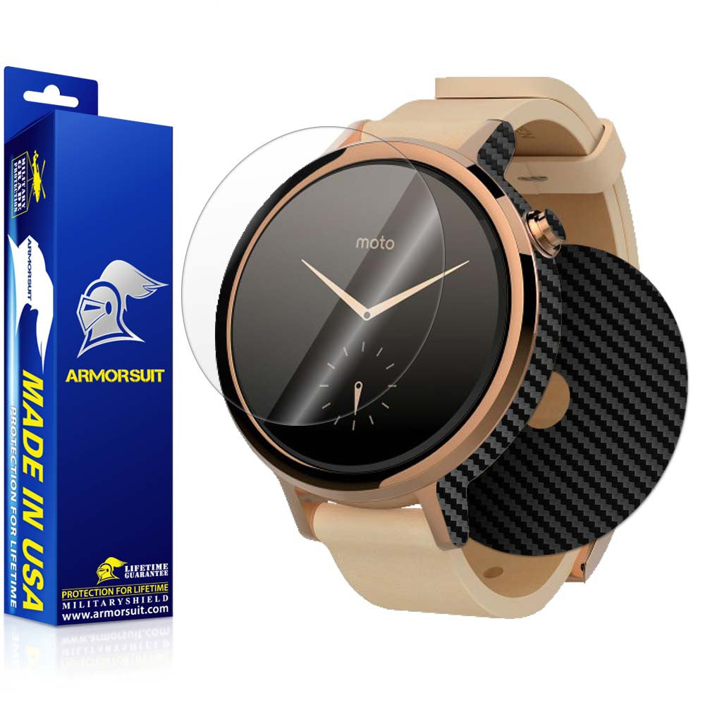 Motorola Moto 360 42mm (Women) 2nd Generation 2015 Screen Protector + Black Carbon Fiber Skin Protector