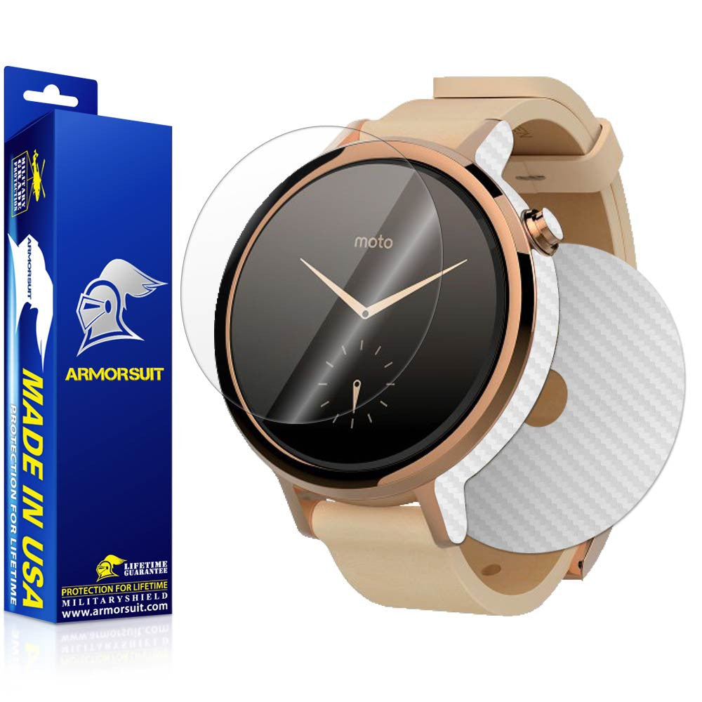 Motorola Moto 360 42mm (Women) 2nd Generation 2015 Screen Protector + White Carbon Fiber Skin Protector