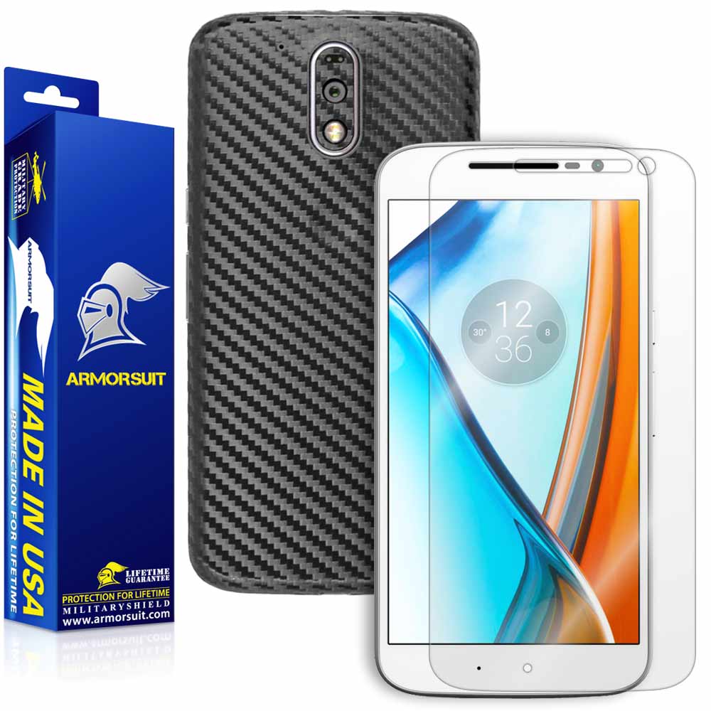 Motorola Moto G4 (4th Gen) Screen Protector + Black Carbon Fiber Skin