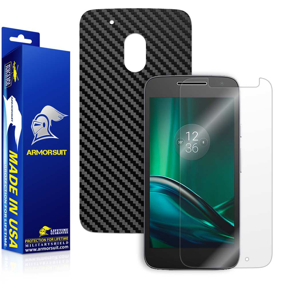 Motorola Moto G4 Play Screen Protector + Black Carbon Fiber Skin
