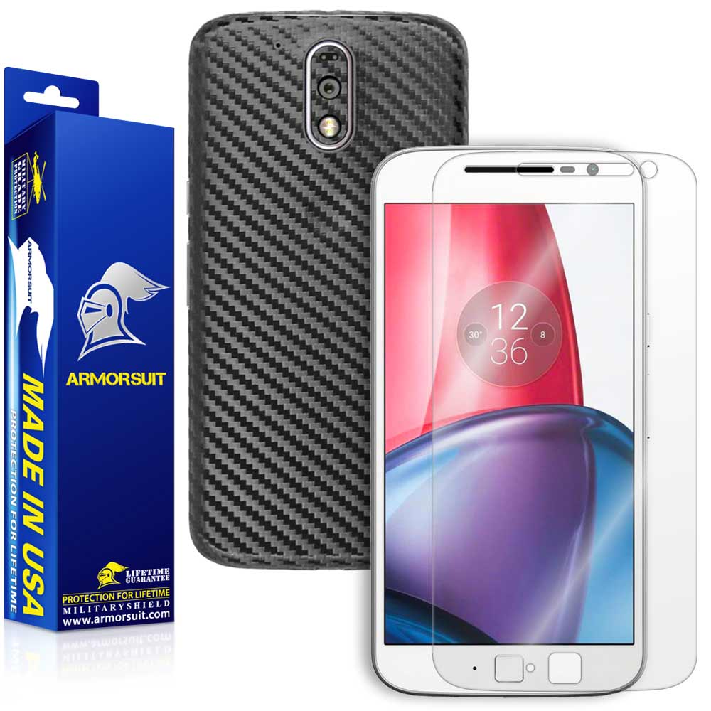 Motorola Moto G4 Plus Screen Protector + Black Carbon Fiber Skin