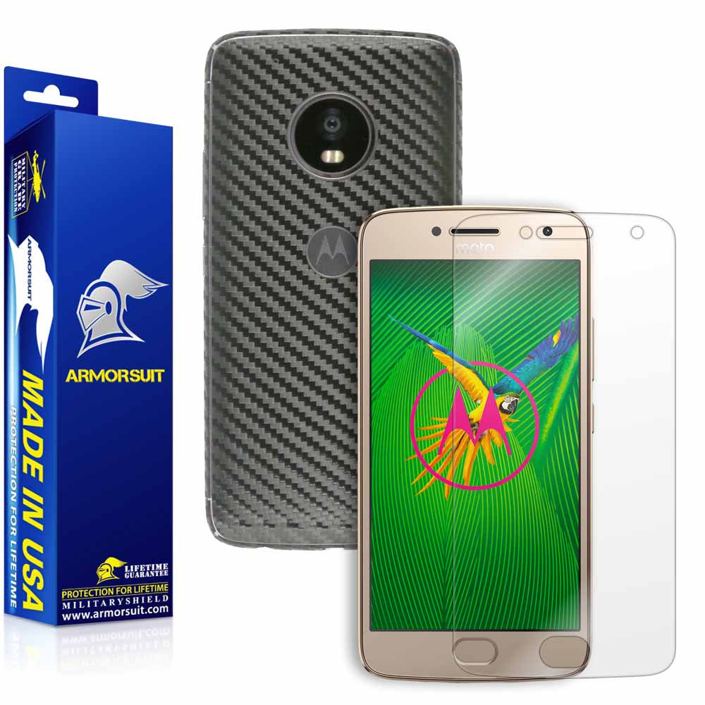 Motorola Moto G Plus 5th Generation Screen Protector + Black Carbon Fiber Skin