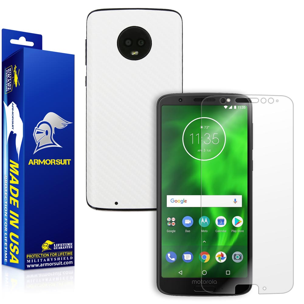Motorola Moto G6 Screen Protector + White Carbon Fiber Skin Protector