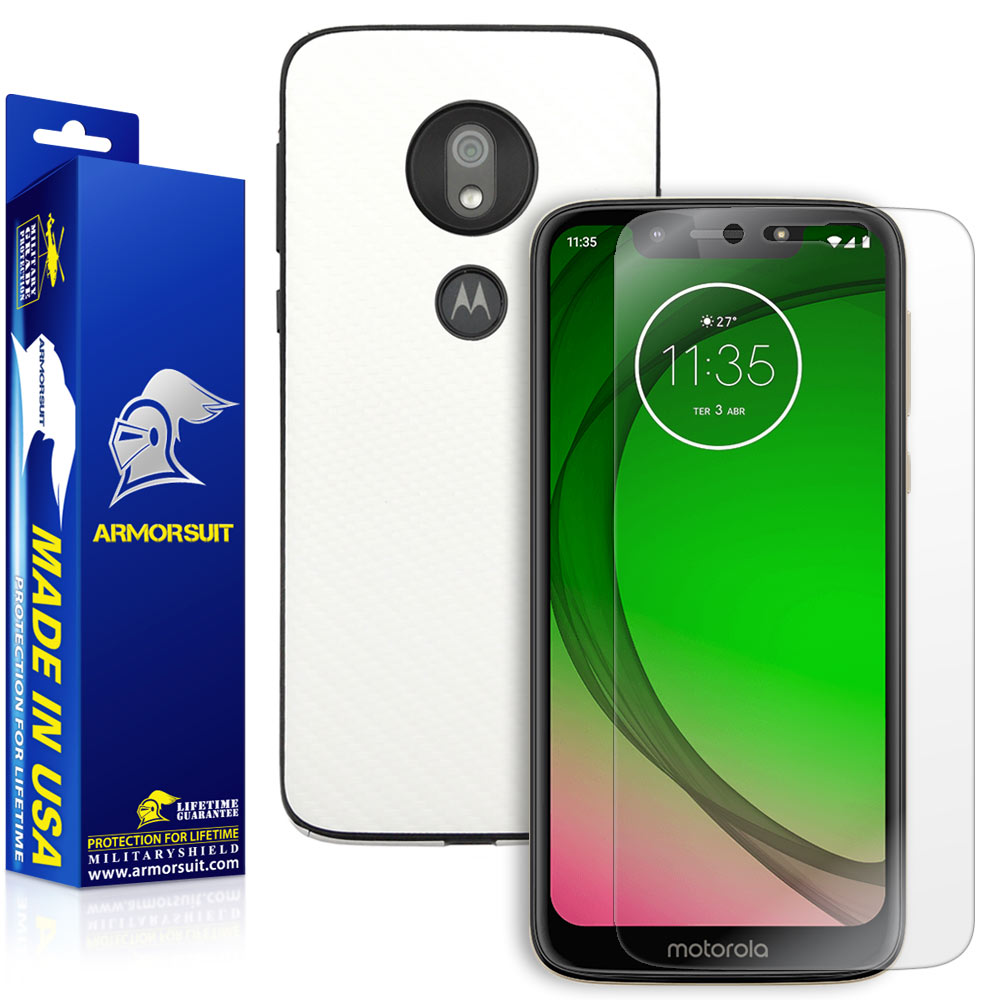 Motorola Moto G7 Play Screen Protector + White Carbon Fiber Skin Protector