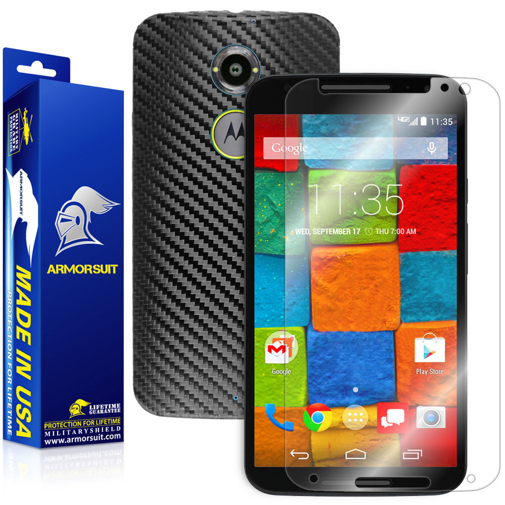 Motorola Moto X (2nd Generation 2014) Screen Protector + Black Carbon Fiber Skin