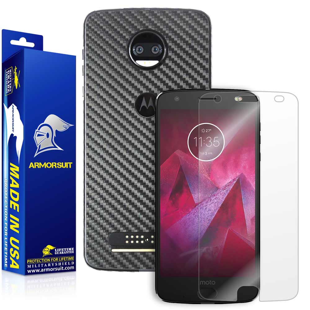 Motorola Moto Z2 Force Screen Protector + Black Carbon Fiber Full Body Skin Protector