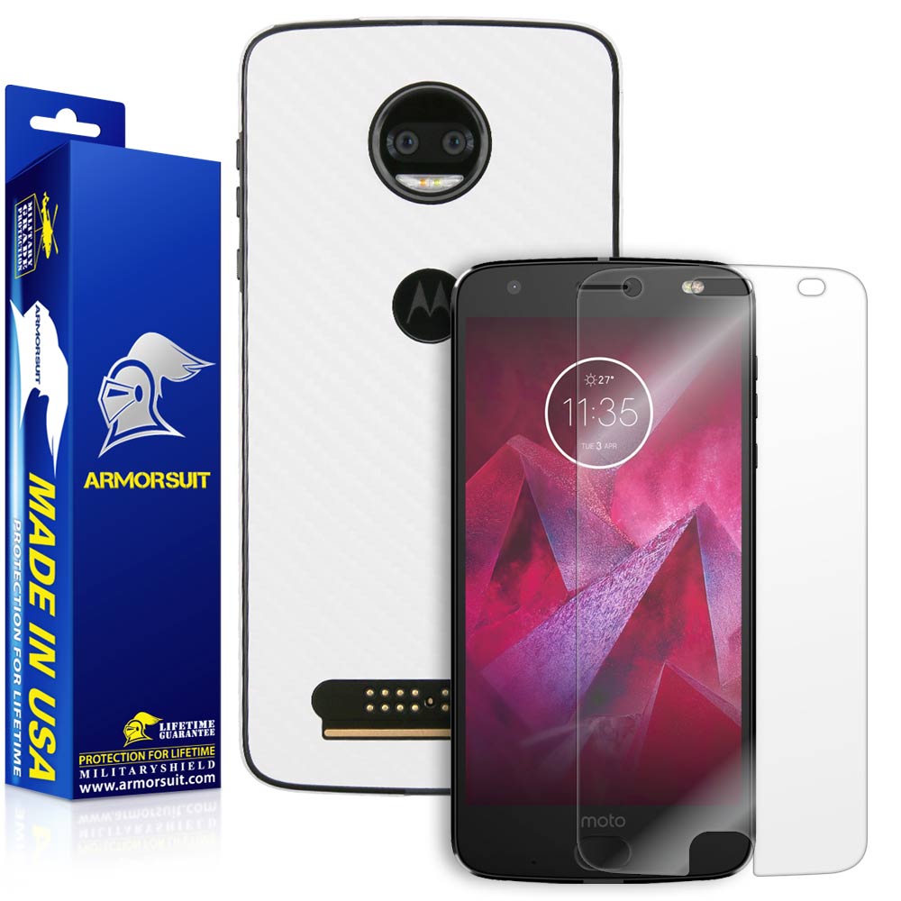Motorola Moto Z2 Force Screen Protector + White Carbon Fiber Full Body Skin Protector