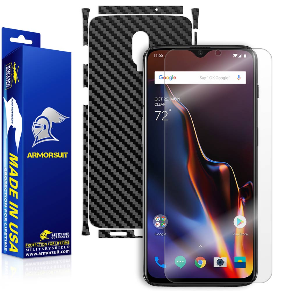OnePlus 6T Screen Protector + Black Carbon Fiber Skin