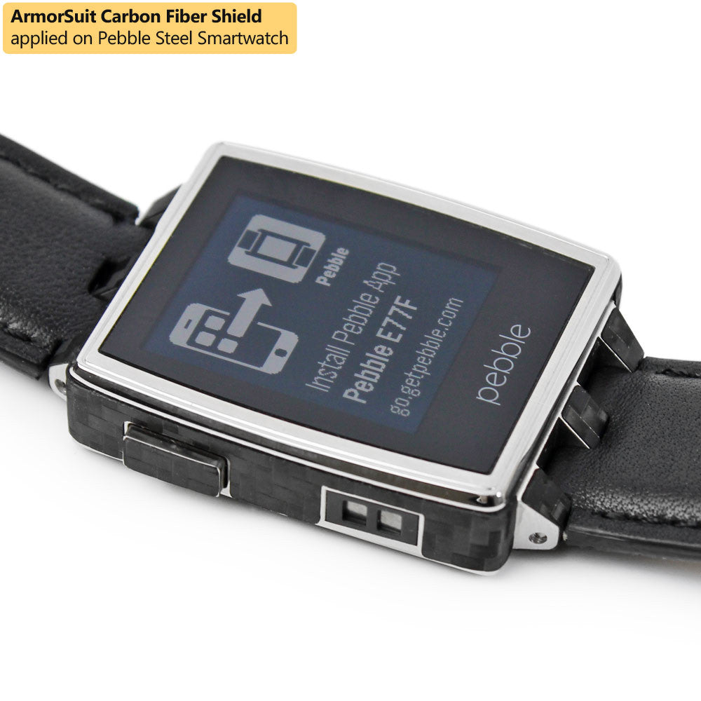 Pebble Steel Smartwatch Screen Protector + Black Carbon Fiber Skin