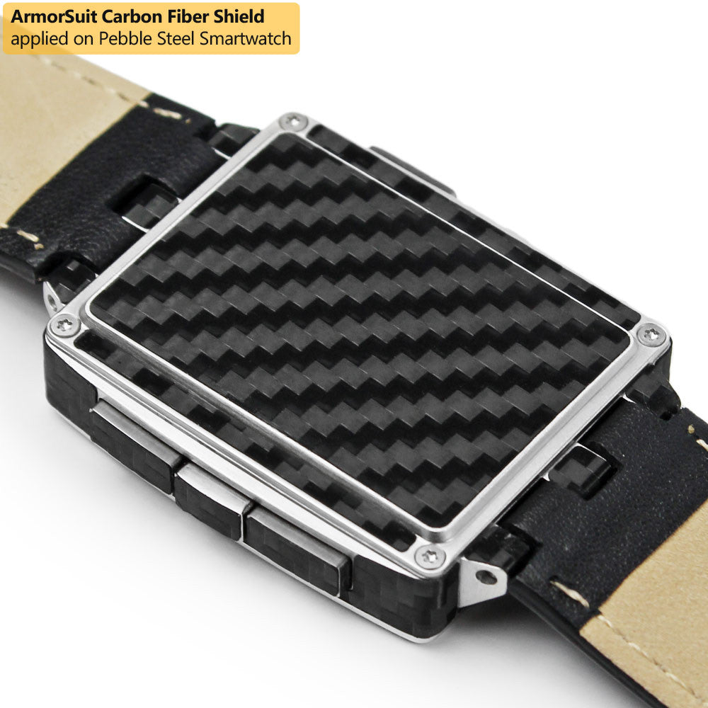 Pebble Steel Smartwatch Screen Protector + Black Carbon Fiber Skin