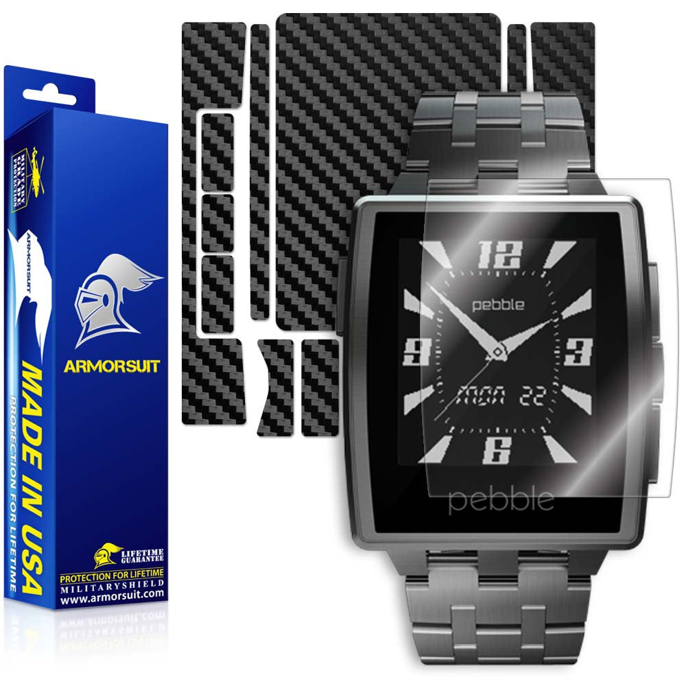 Pebble Steel Smartwatch Screen Protector + Black Carbon Fiber Skin