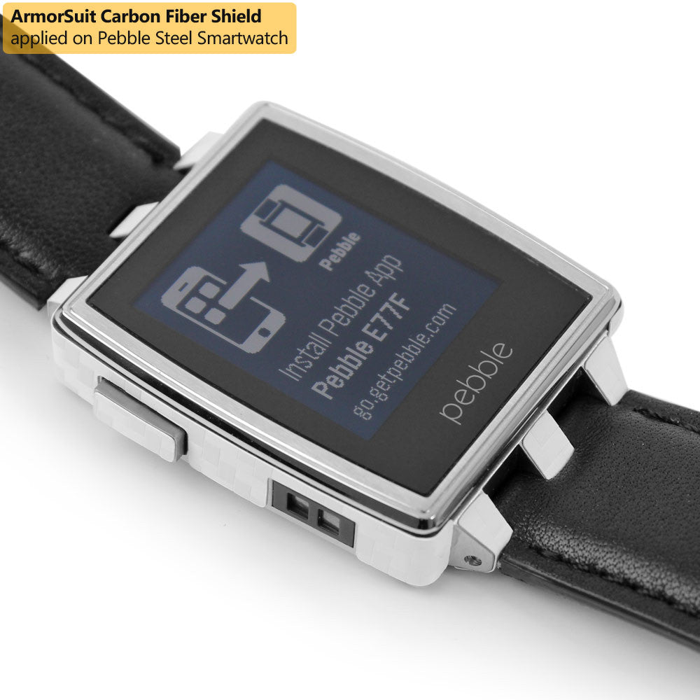 Pebble Steel Smartwatch Screen Protector + White Carbon Fiber Skin