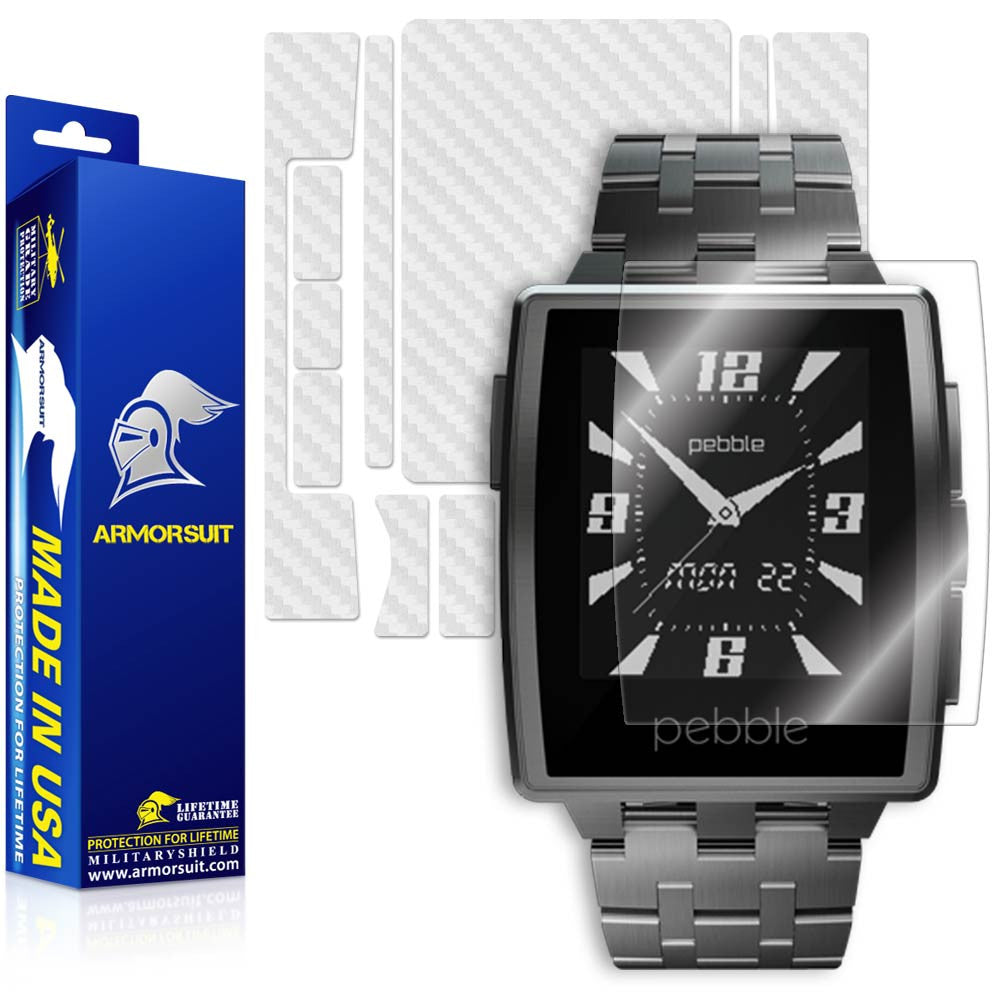 Pebble Steel Smartwatch Screen Protector + White Carbon Fiber Skin