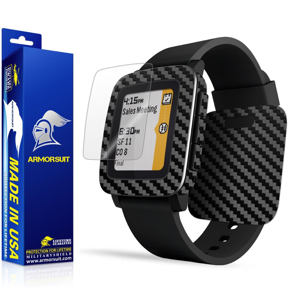 Pebble Time Screen Protector + Black Carbon Fiber Skin