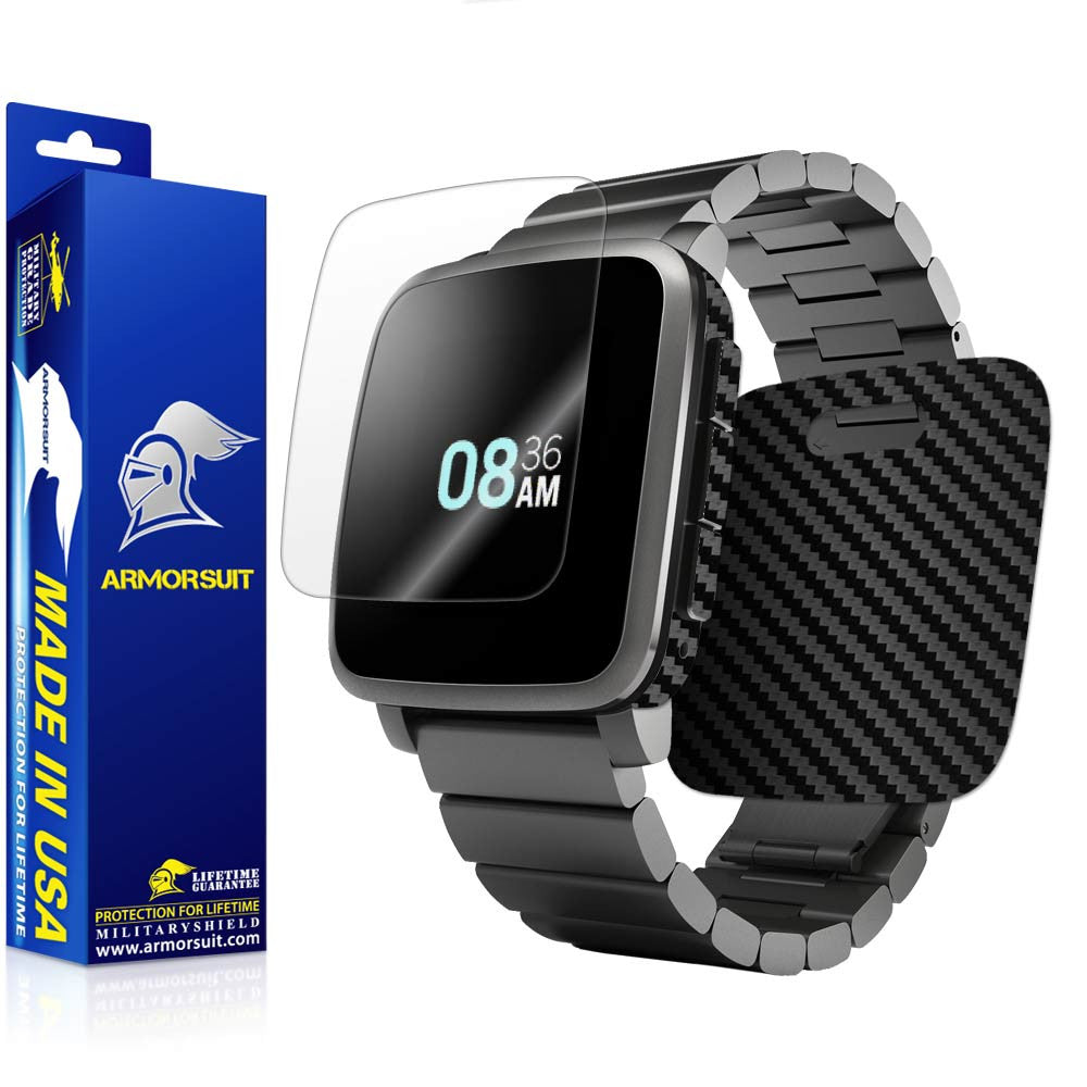 Pebble Time Steel Screen Protector + Black Carbon Fiber Skin