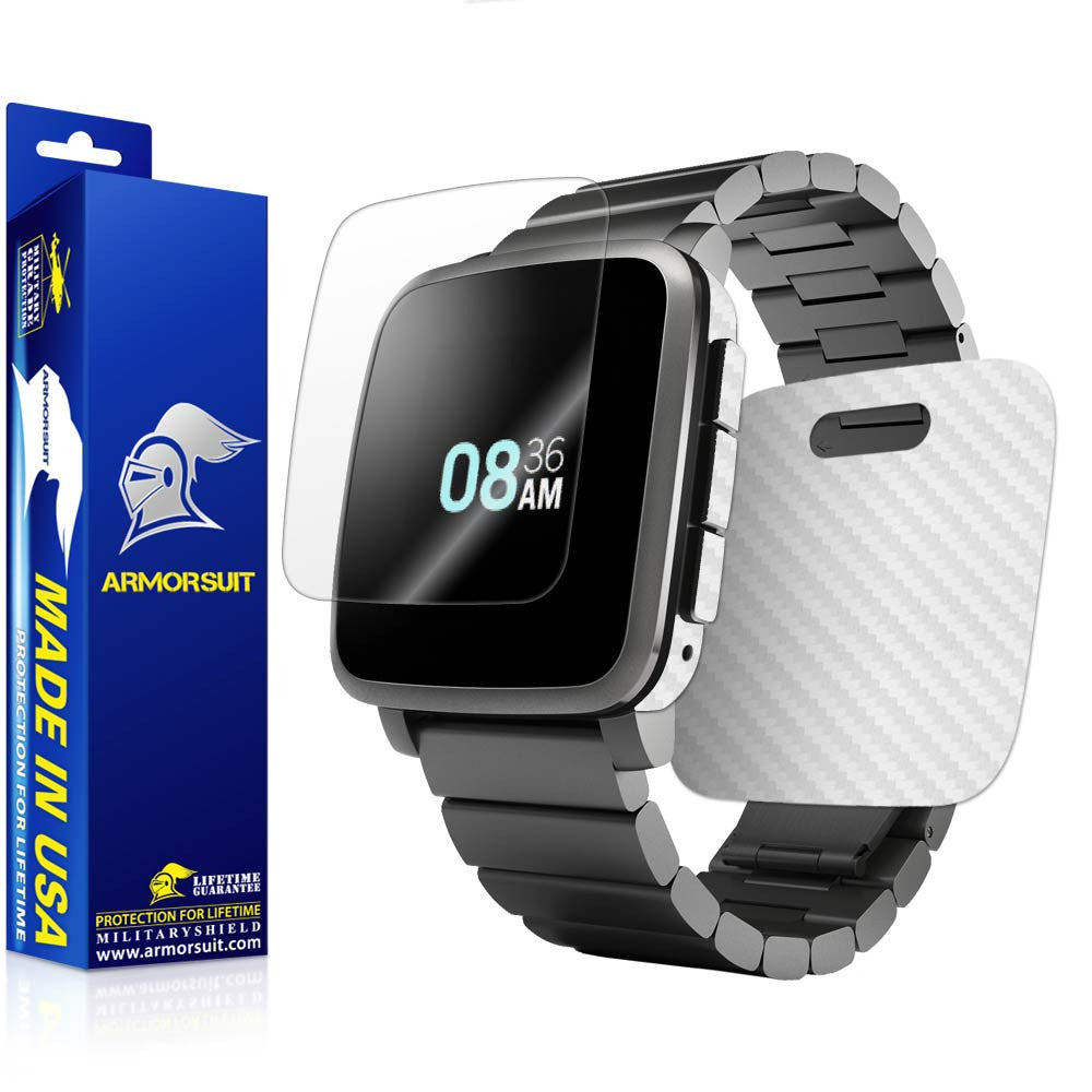 Pebble Time Steel Screen Protector + White Carbon Fiber Skin