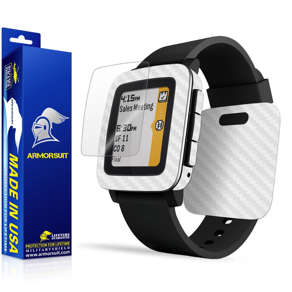 Pebble Time Screen Protector + White Carbon Fiber Skin