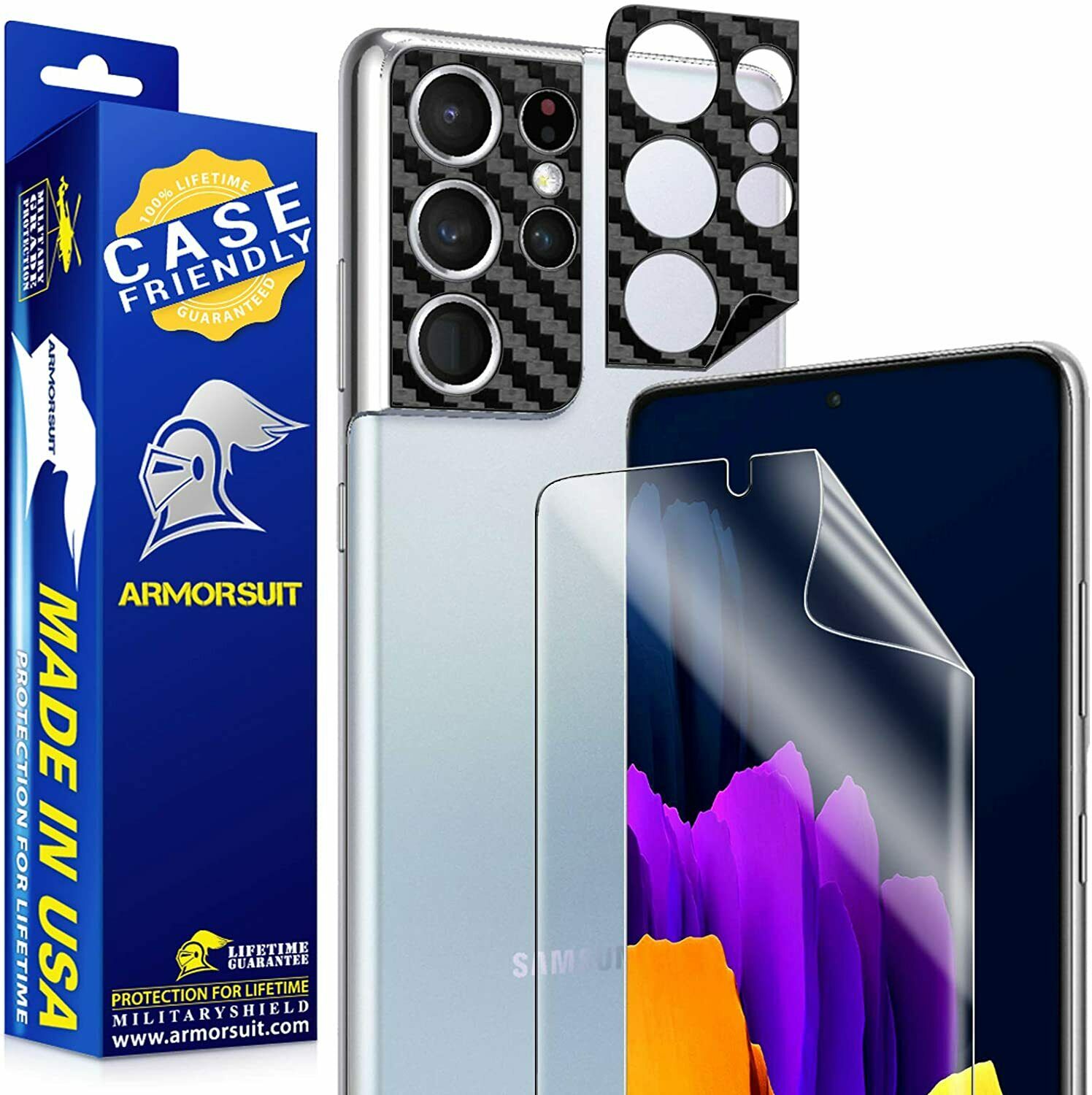 Samsung Galaxy S21 Ultra (6.8) Case-Friendly Screen Protector + 2-Pack (Camera Cover) Black Carbon Camera Plate Lens Protector