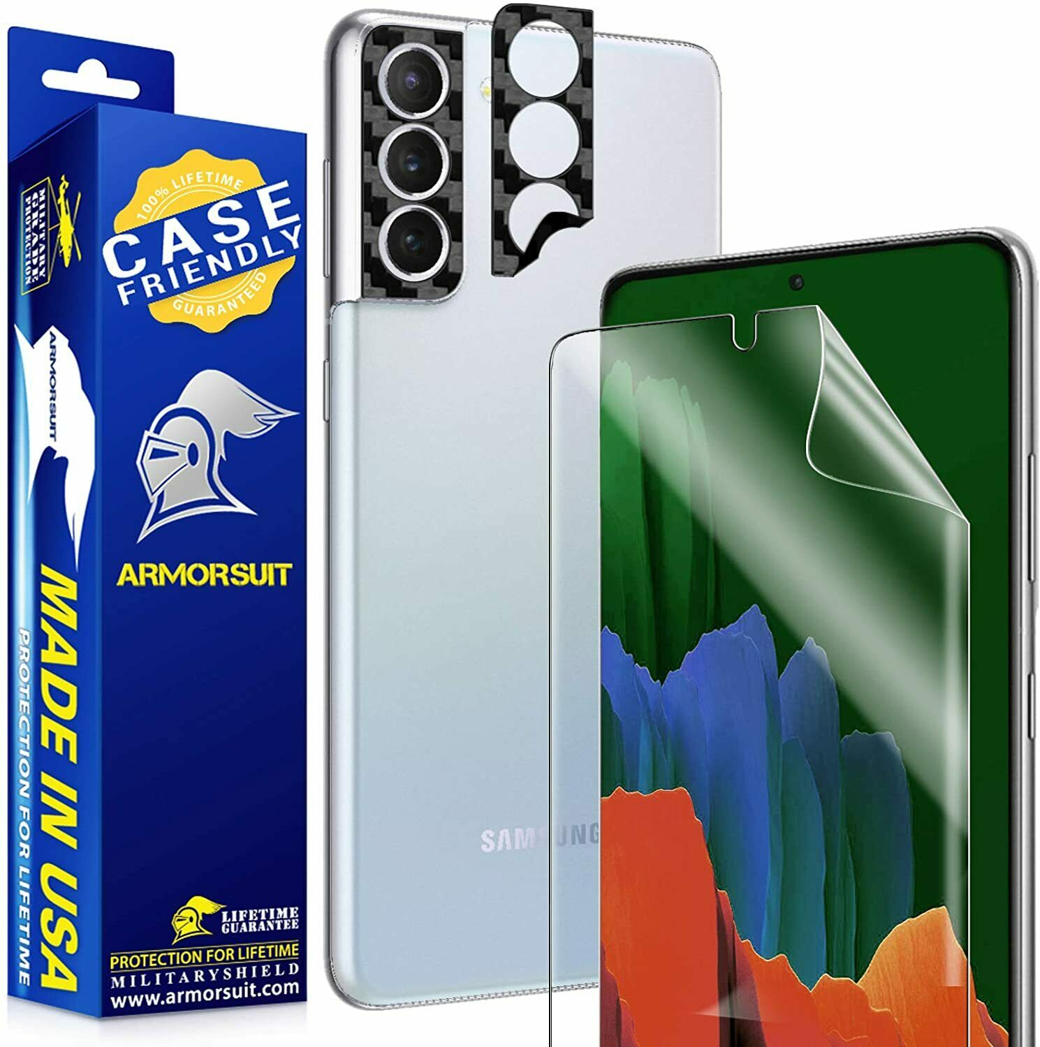 Samsung Galaxy S21 Plus Case-Friendly Screen Protector (6.7) + 2-Pack (Camera Cover) Black-Carbon Camera Plate Lens Protector