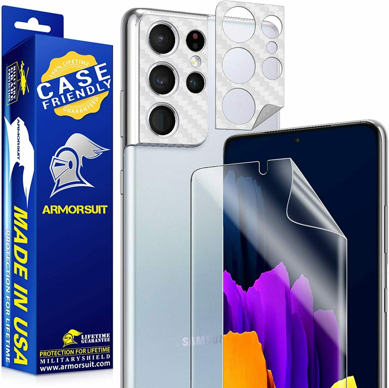 Samsung Galaxy S21 Ultra (6.8) Case-Friendly Screen Protector + 2-Pack (Camera Cover) White Carbon Camera Plate Lens Protector