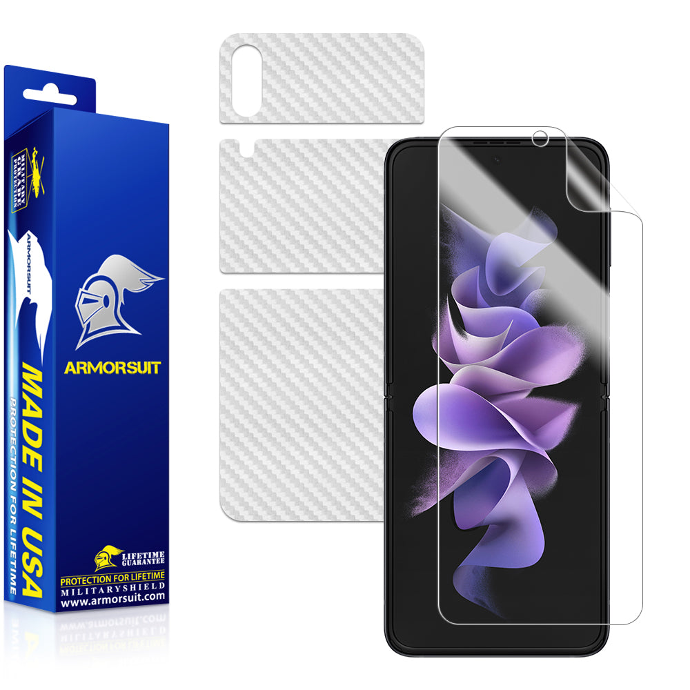 Armorsuit MilitaryShield White Carbon Fiber Skin Wrap Film + HD Clear Screen Protector Designed for Samsung Galaxy Z Flip3 5G (2021) - Anti-Bubble Film