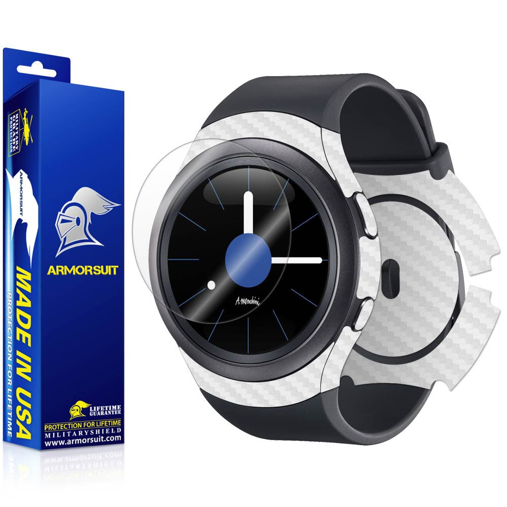 Samsung Gear S2 3G Screen Protector + White Carbon Fiber Skin