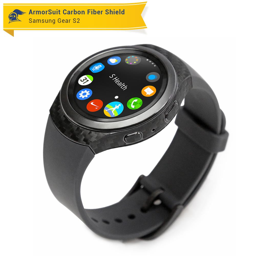Samsung Gear S2 Screen Protector + Black Carbon Fiber Skin
