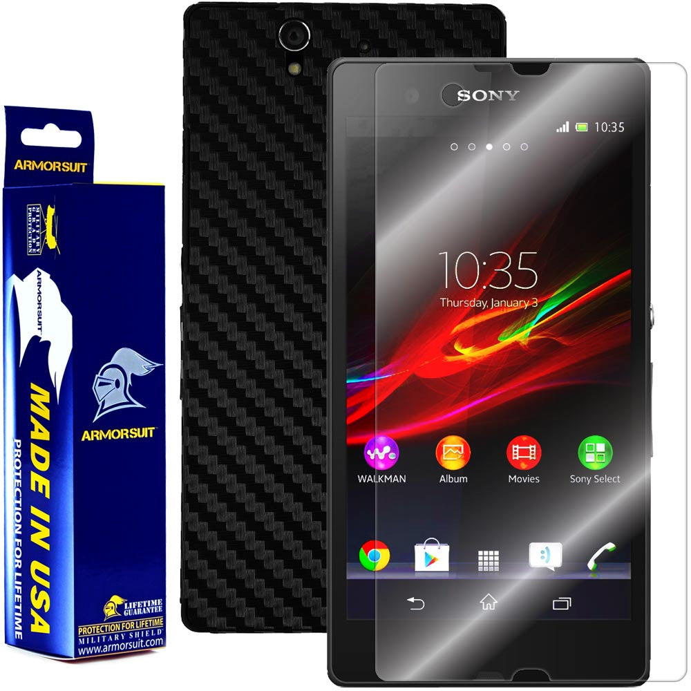 Sony Xperia Z Screen Protector + Black Carbon Fiber Skin Protector