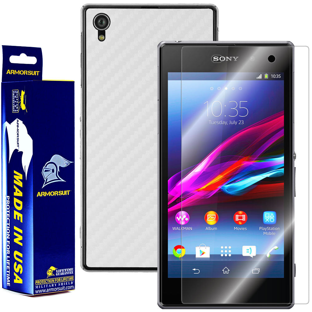 Sony Xperia Z1 Screen Protector + White Carbon Fiber Skin Protector